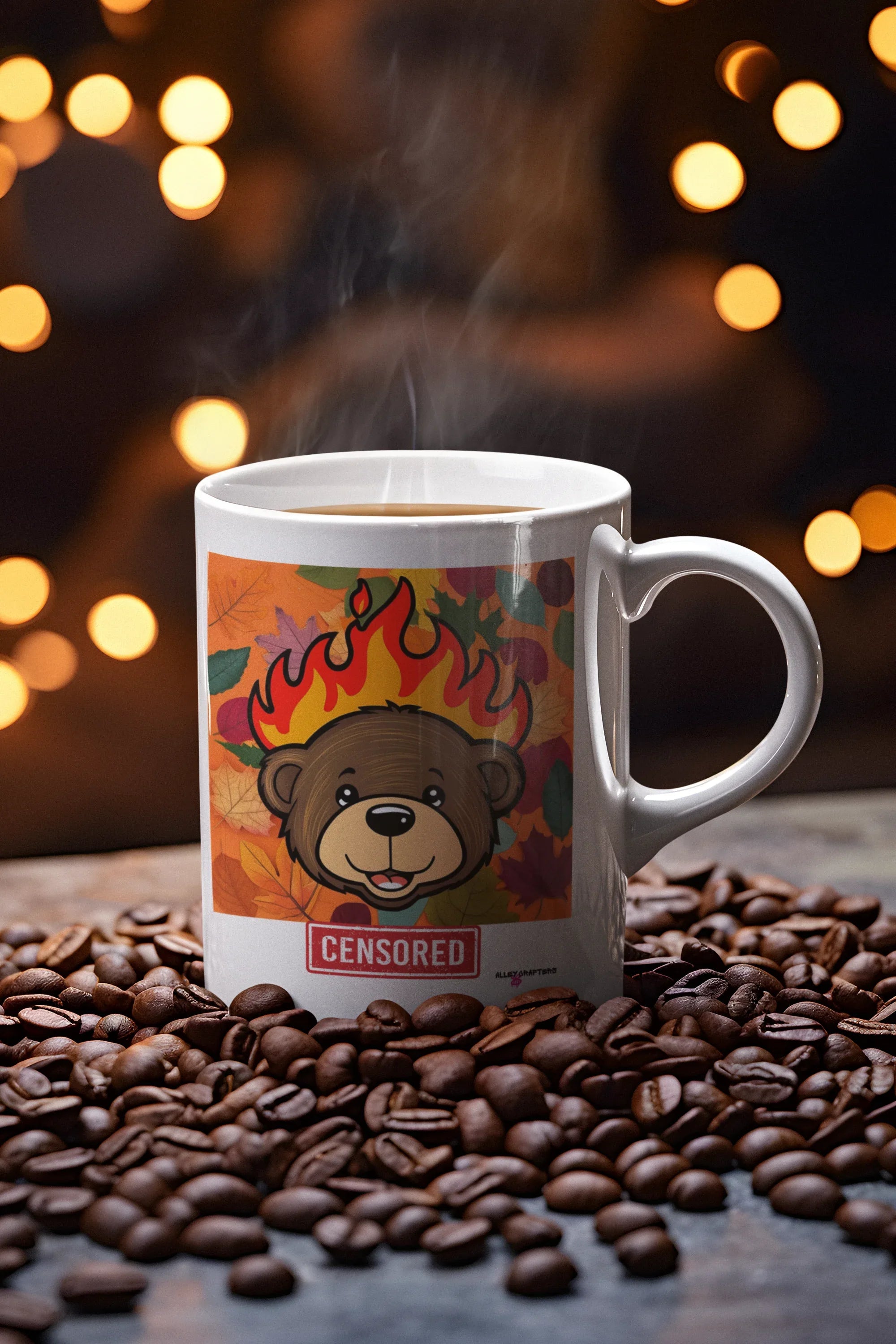 White ceramic bear mug with flames graphic and red “CENSORED” label, handle on right.