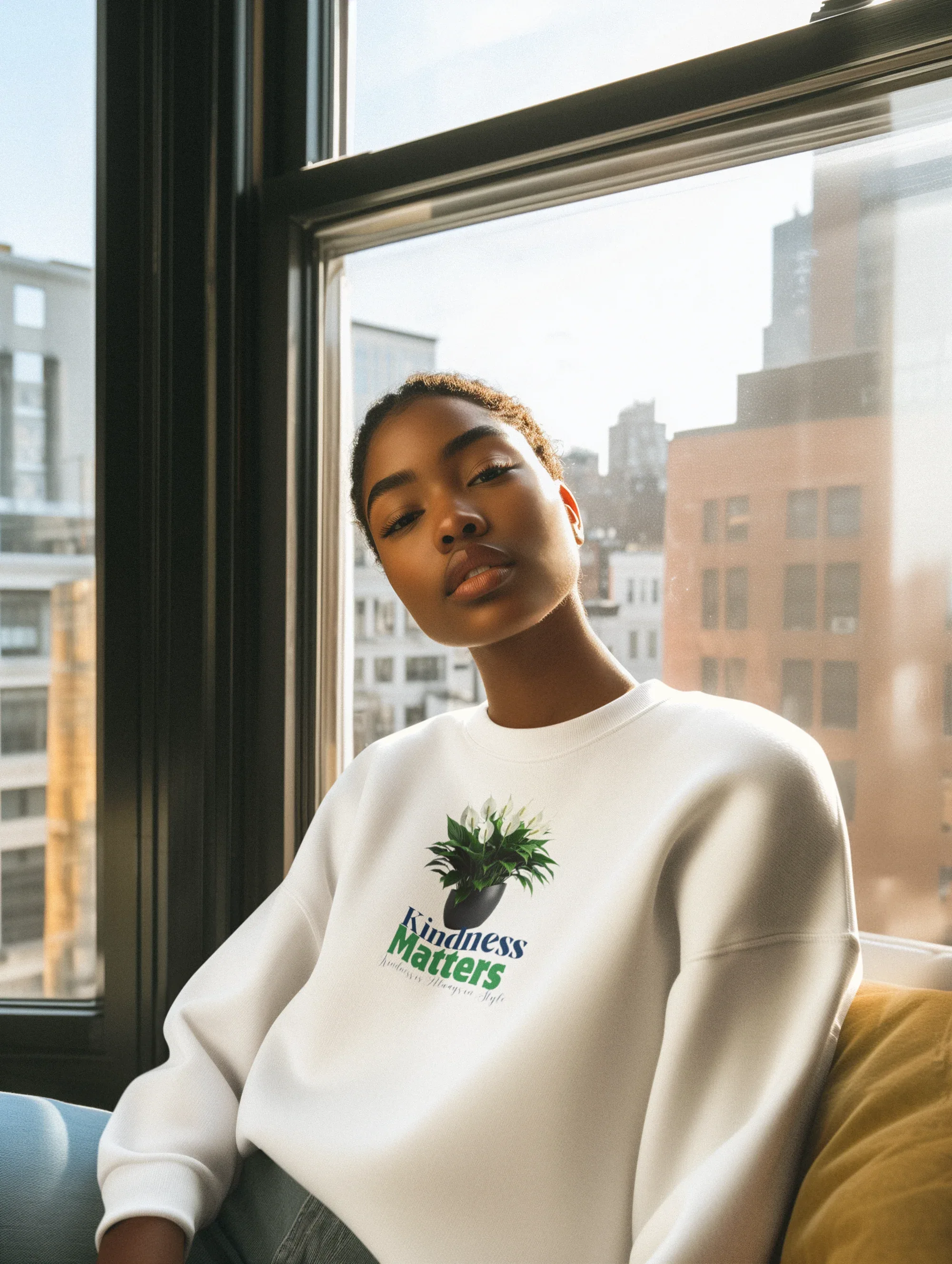 White crewneck sweatshirt with tree graphic and “Kindness Matters” text on chest