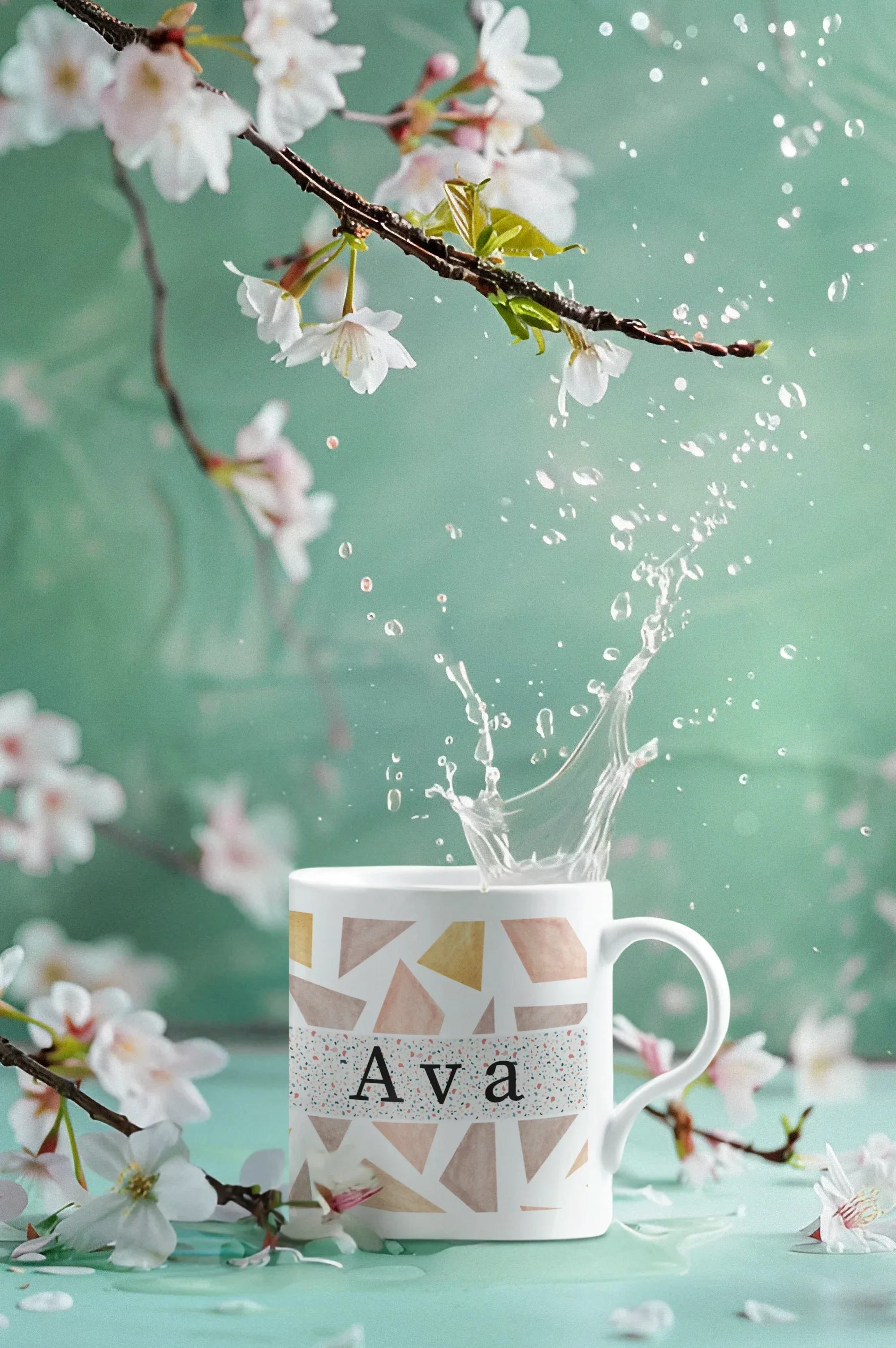 White mug with geometric triangles and name Ava, on a table with flowers nearby