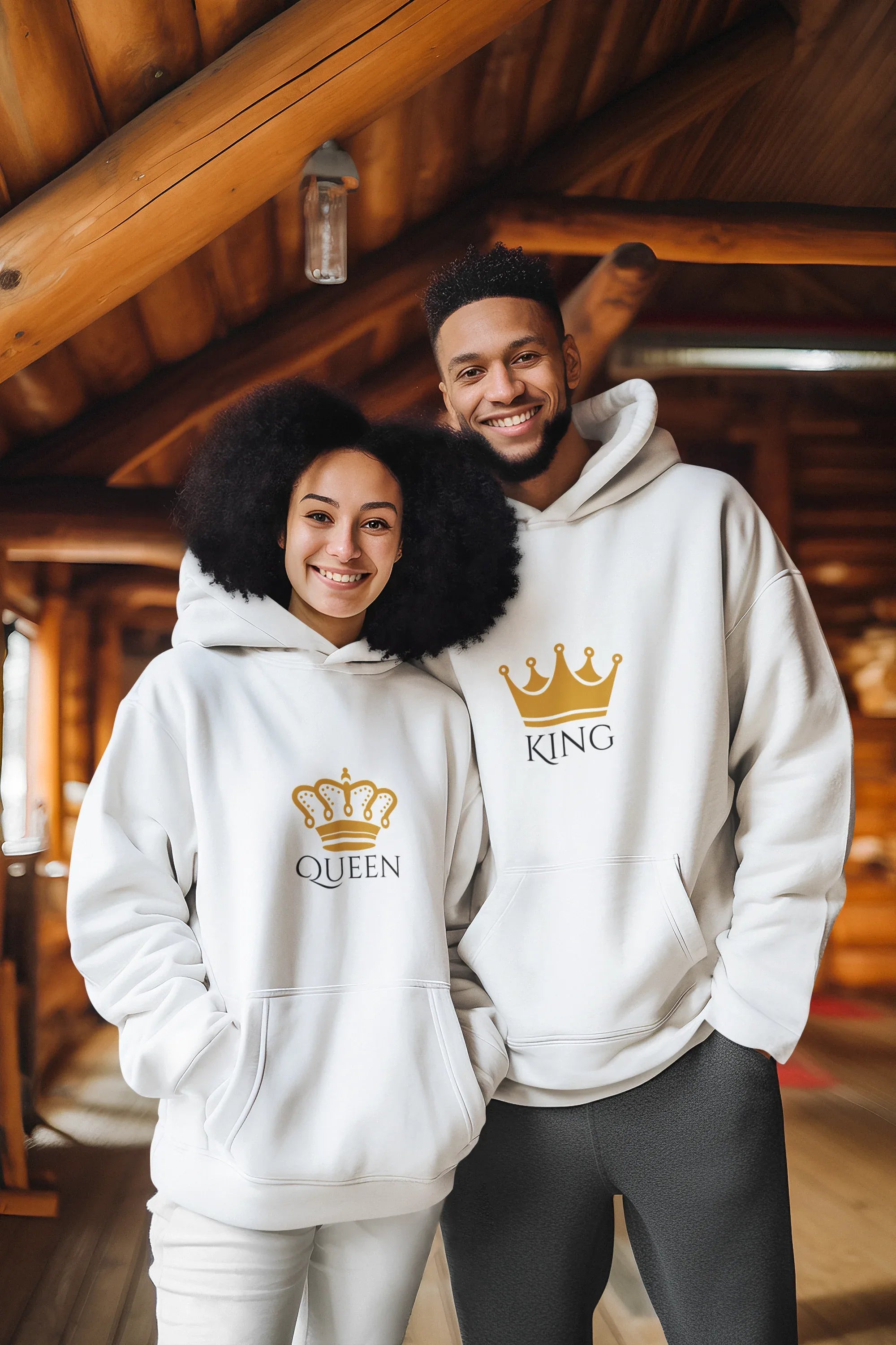White hooded sweatshirts on a couple, with QUEEN and KING crown graphics on front
