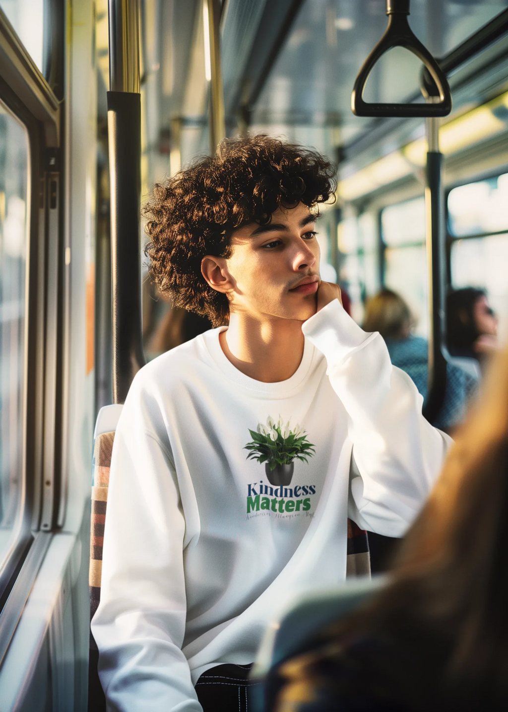 White crewneck sweatshirt with tree graphic and “Kindness Matters” text on chest