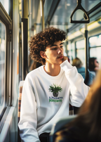 White crewneck sweatshirt with tree graphic and “Kindness Matters” text on chest