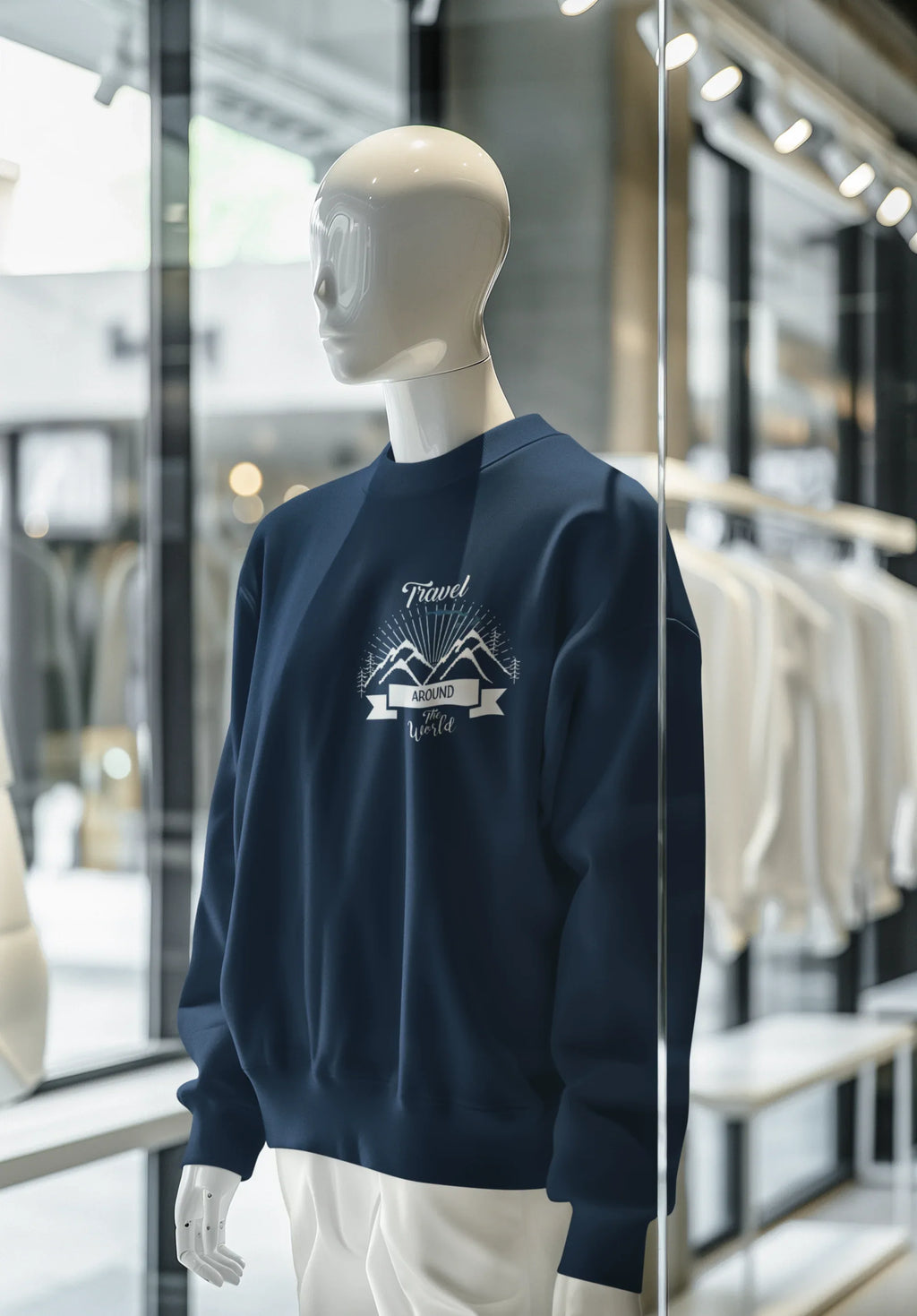 Navy crewneck sweatshirt on mannequin with travel-themed chest logo graphic