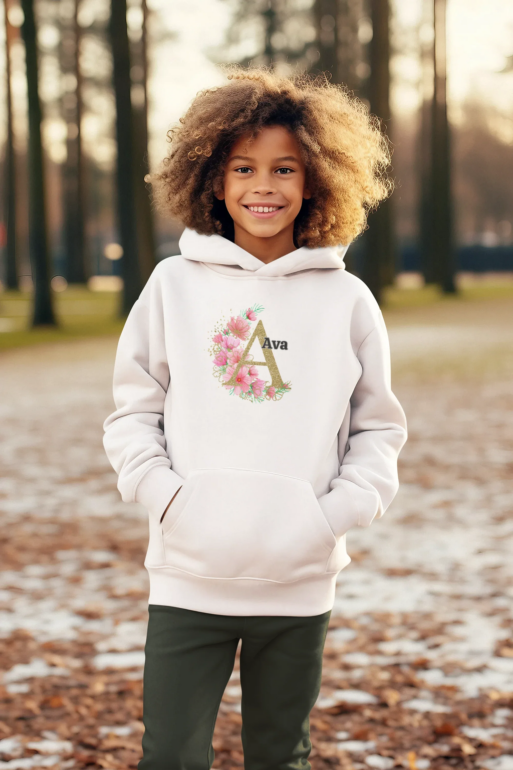 White kids hoodie with hood and floral letter Ava graphic on chest
