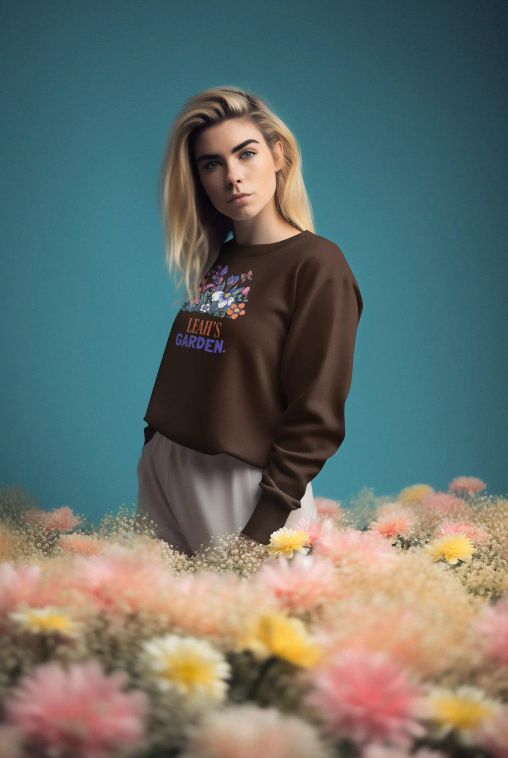 Brown crewneck sweatshirt with 'Sarah's Garden' floral crest on chest.