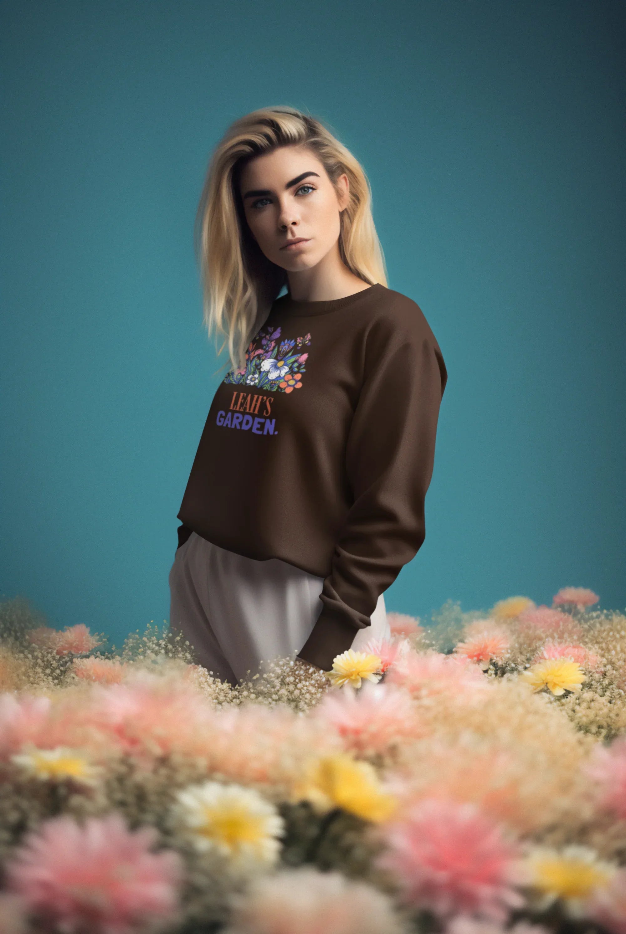 Brown crewneck sweatshirt with 'Sarah's Garden' floral crest on chest.