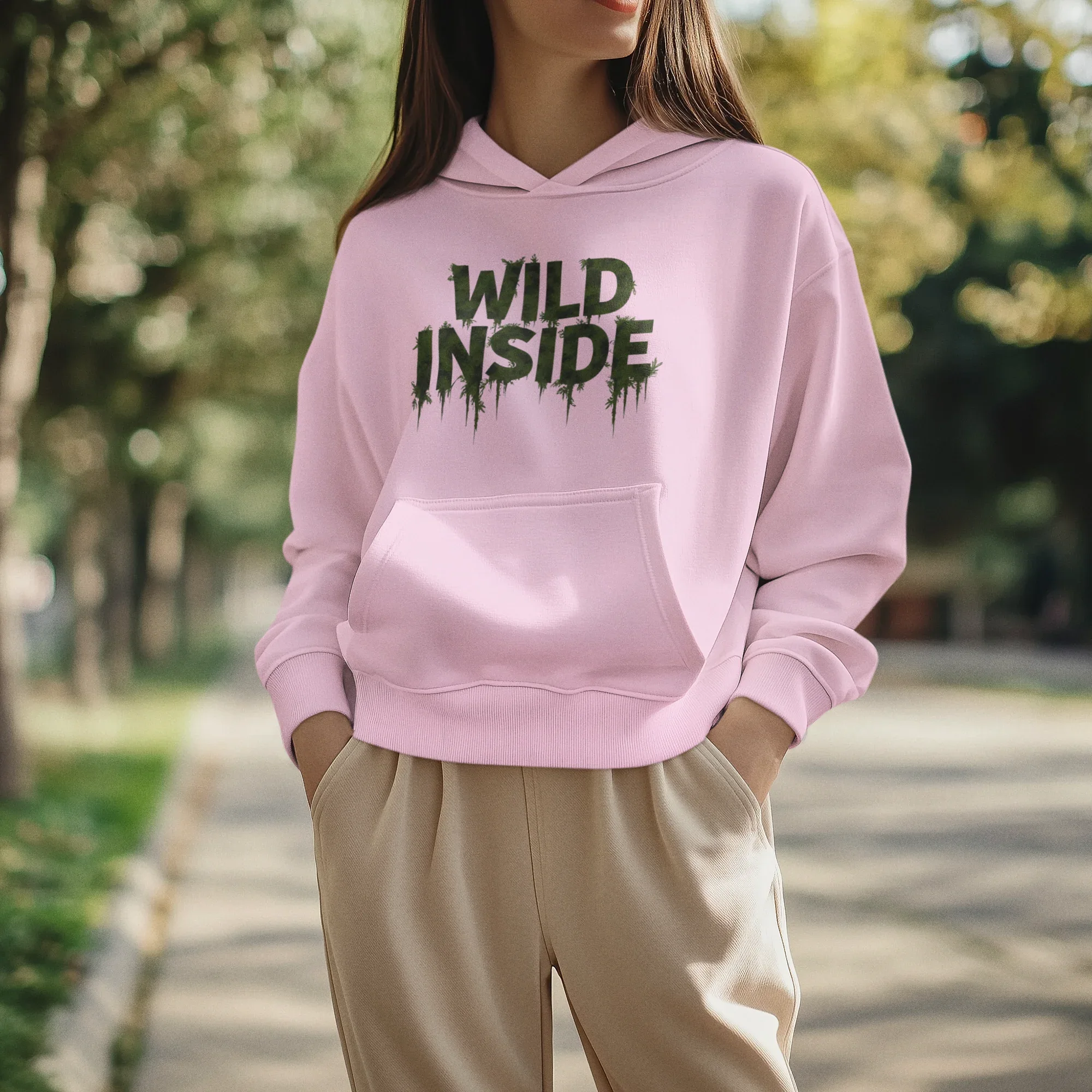 Light pink hoodie pullover with green "WILD INSIDE" graphic on the chest