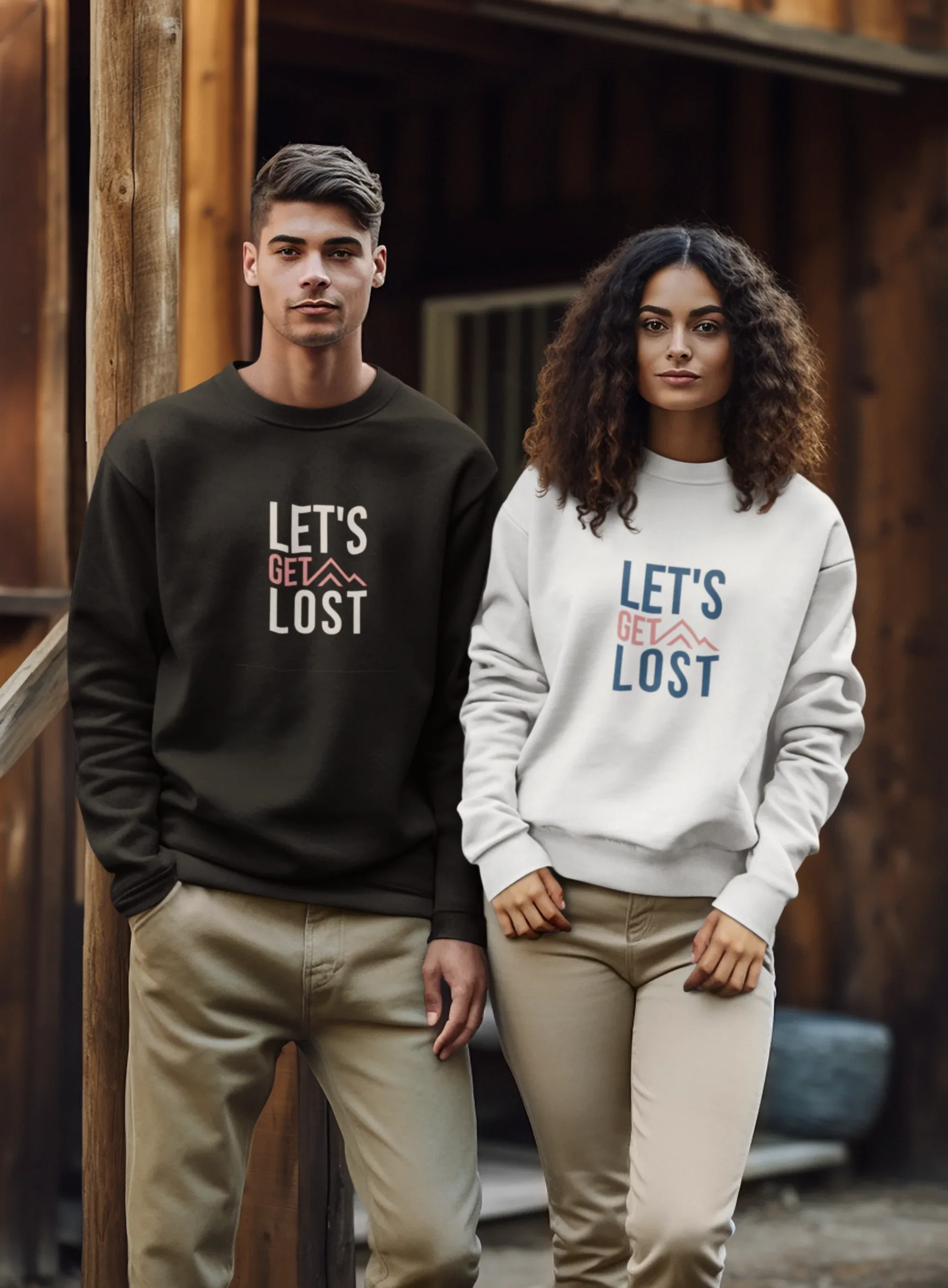Dark and white crewneck sweatshirts with “LET'S GET LOST” chest print