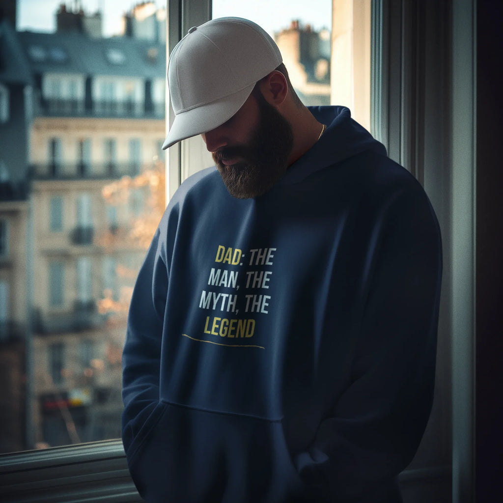 Navy hoodie with “DAD: THE MAN, THE MYTH, THE LEGEND” text graphic on chest
