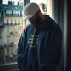 Navy hoodie with “DAD: THE MAN, THE MYTH, THE LEGEND” text graphic on chest