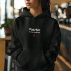Black hooded sweatshirt with 'mama in the making' text and red heart on chest