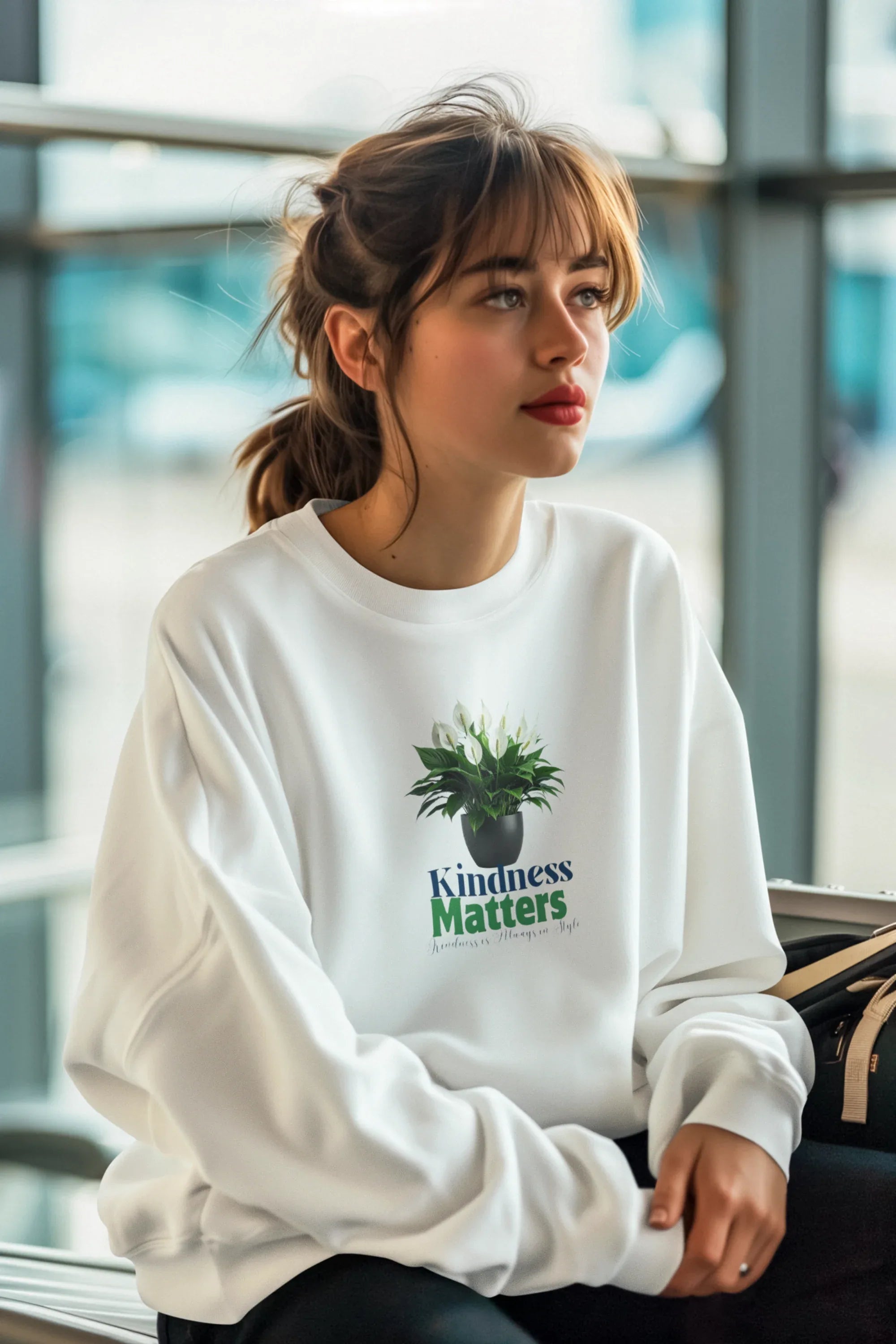 White crewneck sweatshirt with tree graphic and “Kindness Matters” text on chest