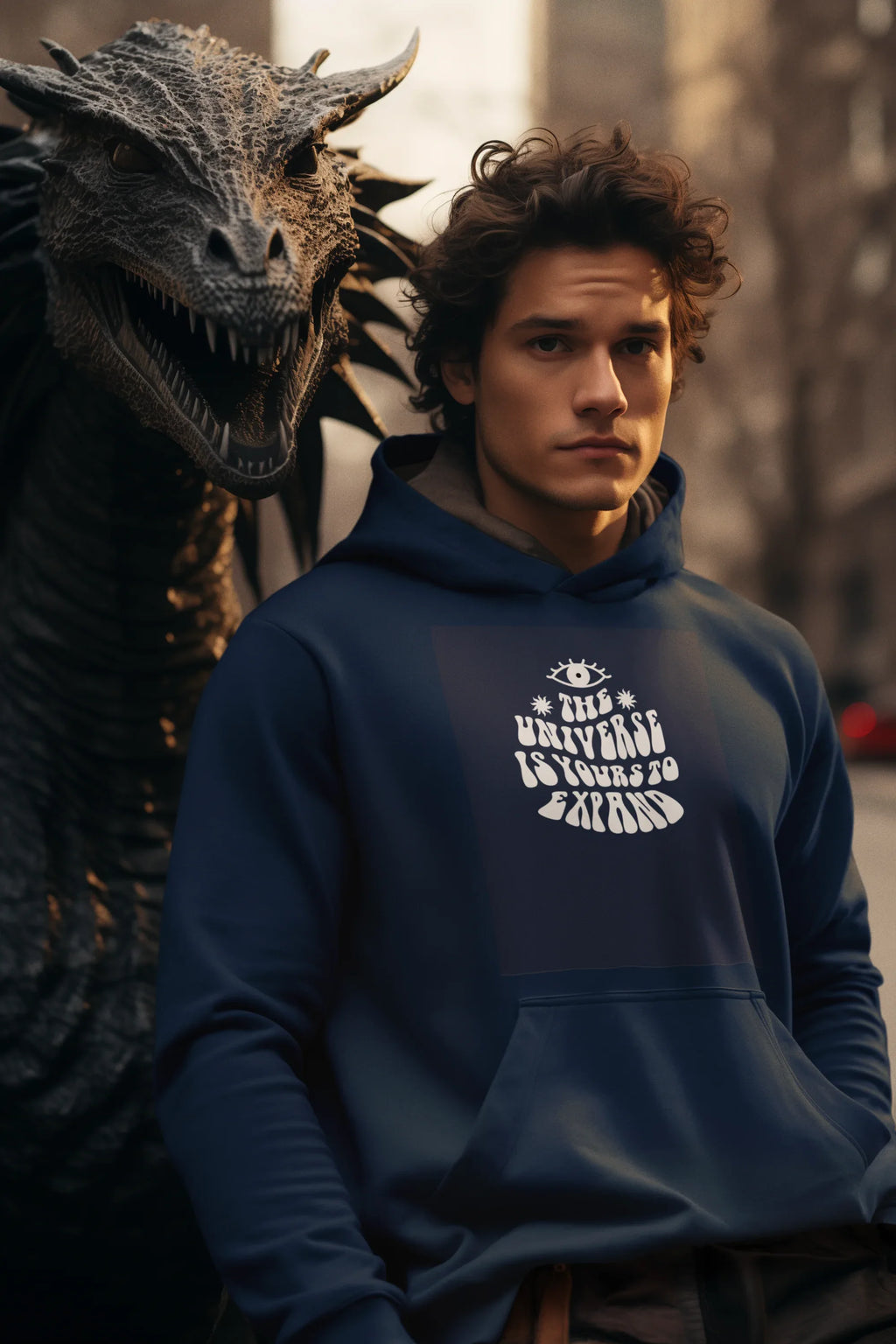 Unisex navy hoodie with hood and front pocket, small chest graphic
