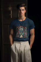 Graphic t-shirt worn by model: navy short sleeves with multicolor arch front print and text.