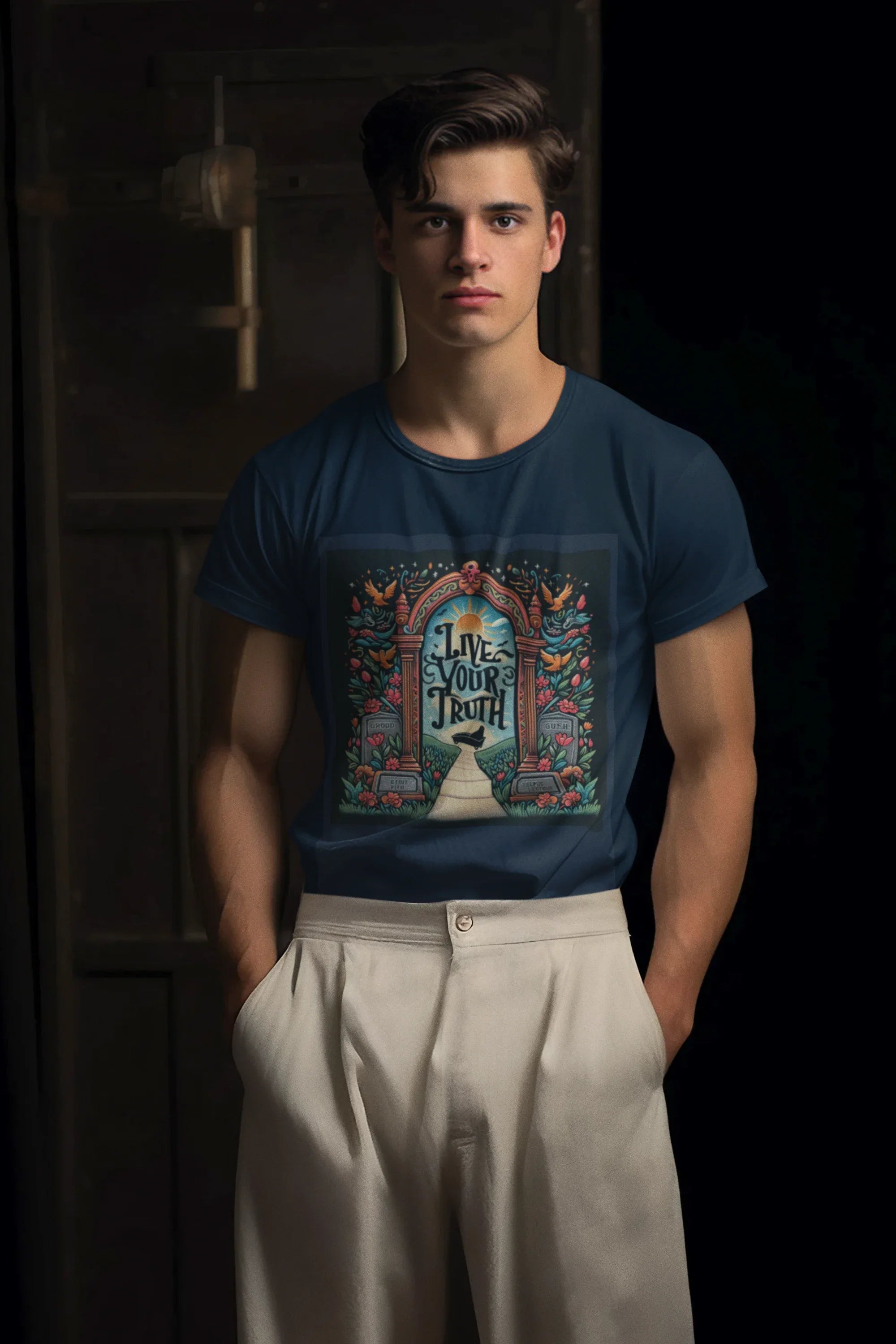 Graphic t-shirt worn by model: navy short sleeves with multicolor arch front print and text.