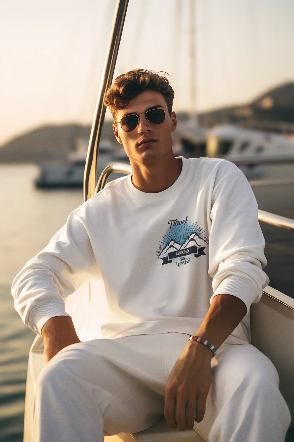 White crewneck sweatshirt on person with travel-themed chest logo graphic