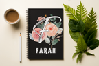 Floral A5 wirobound notebook with black cover, wiro spiral, floral letter and FARAH
