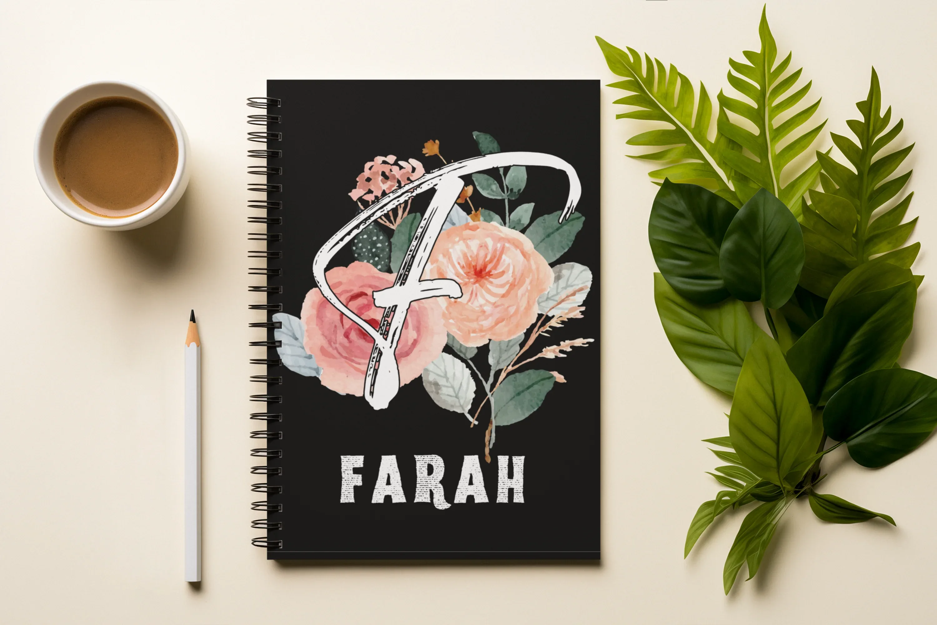 Floral A5 wirobound notebook with black cover, wiro spiral, floral letter and FARAH
