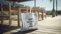 White canvas tote bag with printed text and colorful doodles, long top handles.