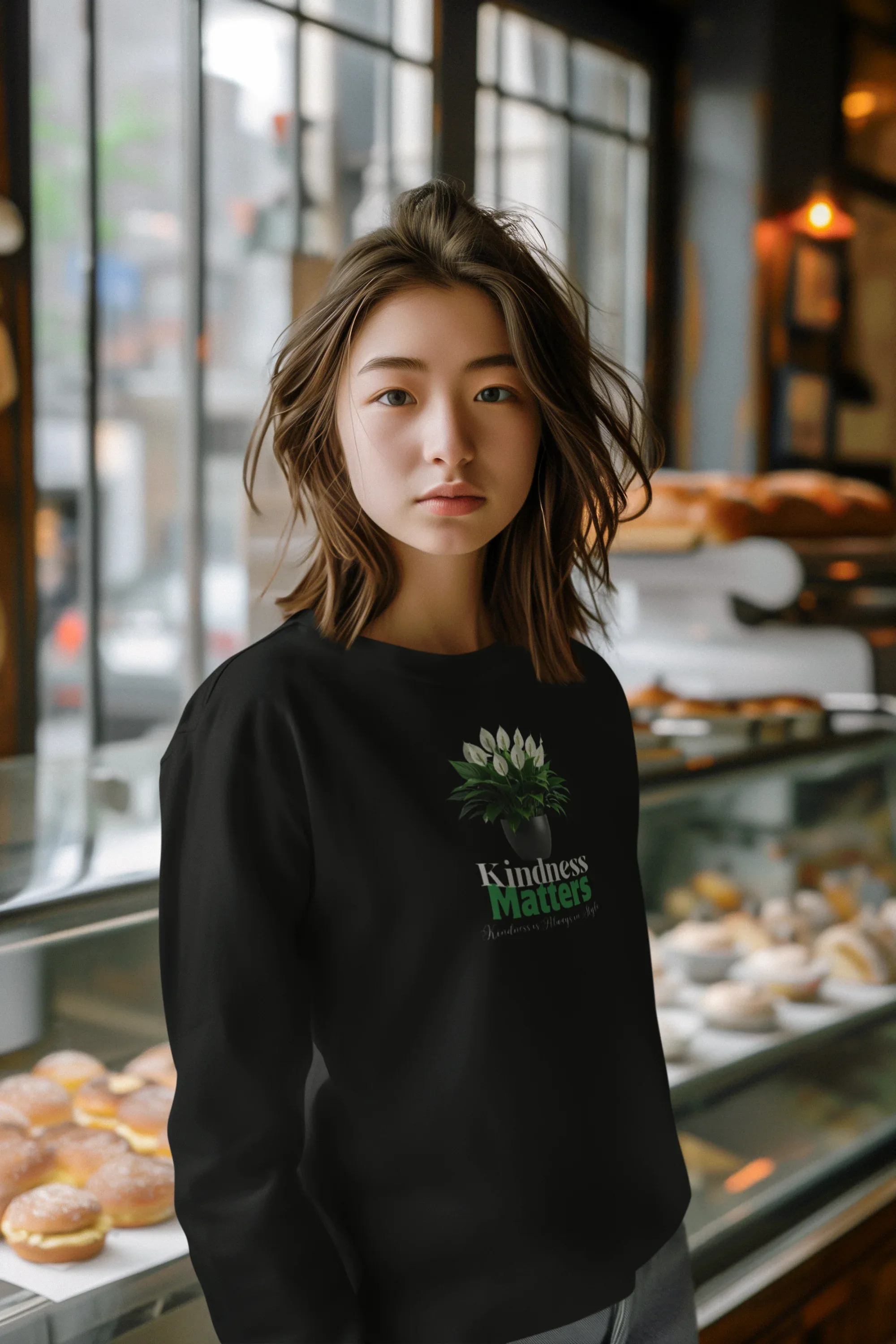 Black crewneck sweatshirt with tree graphic and 'Kindness Matters' logo on chest