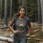 Gray short-sleeve T-shirt with mountain sunrise “RISE ABOVE” graphic on walker