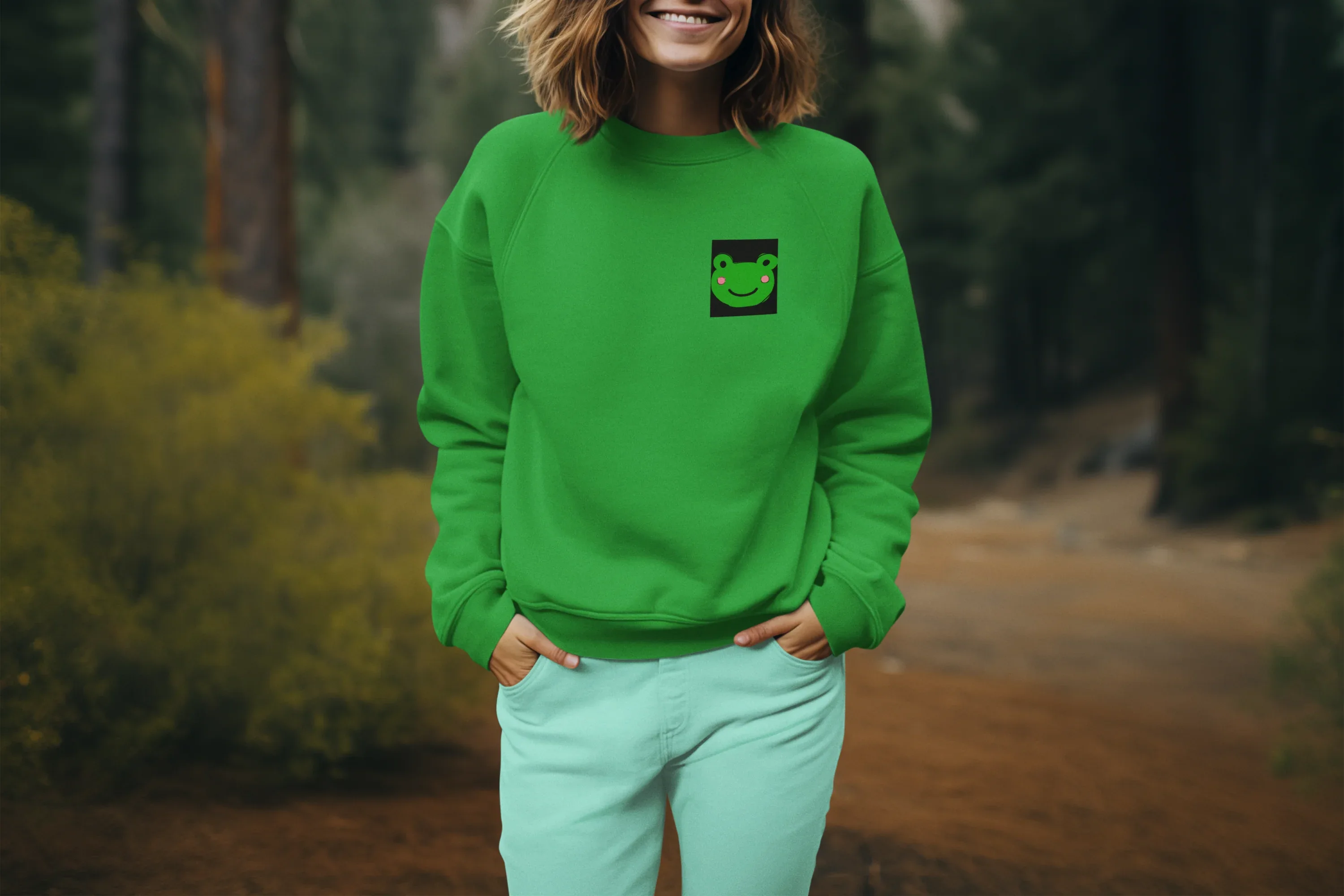 Green sweatshirt with small green frog face embroidery on the left chest