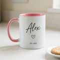 Alex EST. 2000 pink mug in a minimal British kitchen