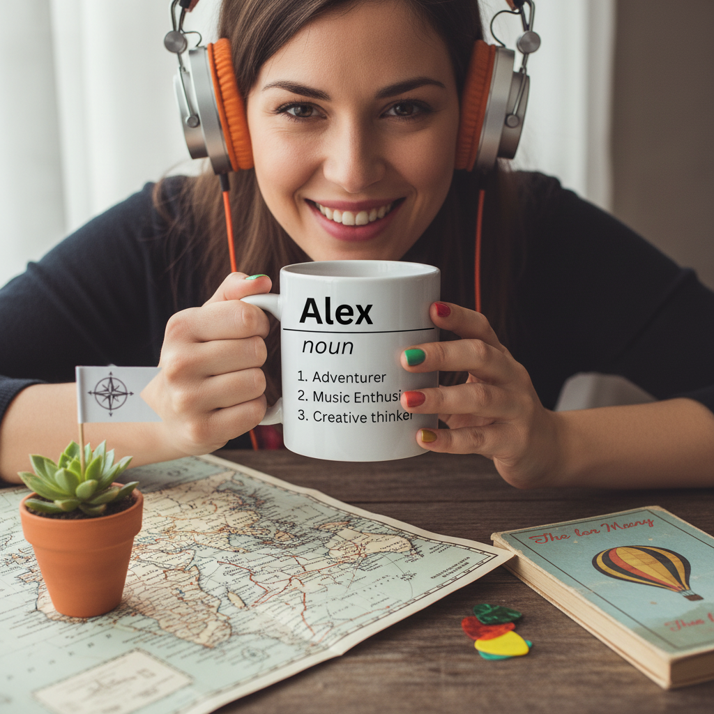 White mug labeled Alex noun, 1 Adventurer, 2 Music Enthusiast, 3 Creative thinker