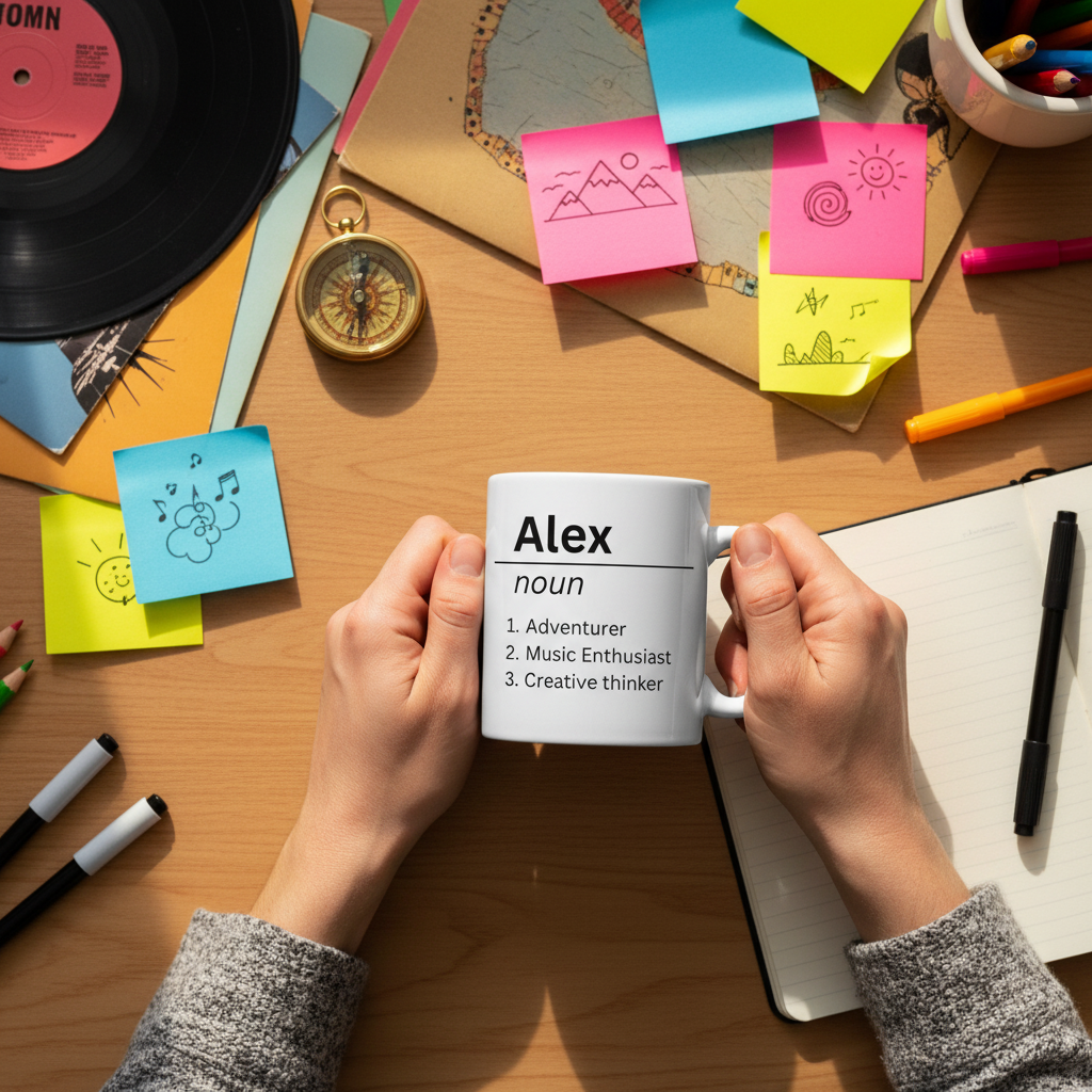 White mug labeled Alex noun, 1 Adventurer, 2 Music Enthusiast, 3 Creative thinker