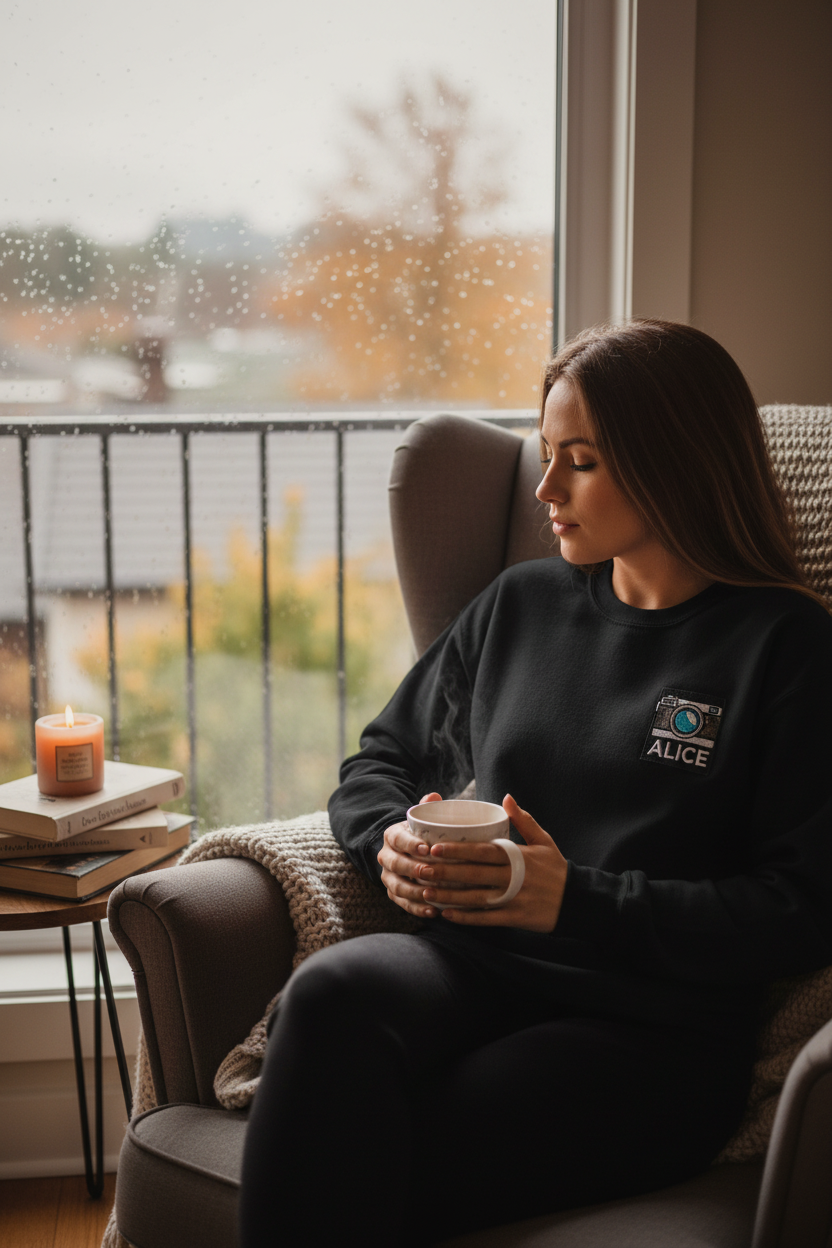 Black sweatshirt with embroidered camera patch and ALICE name