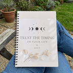A5 lined notebook with cream cover, moon design, Trust the Timing of Your Life—ALICE