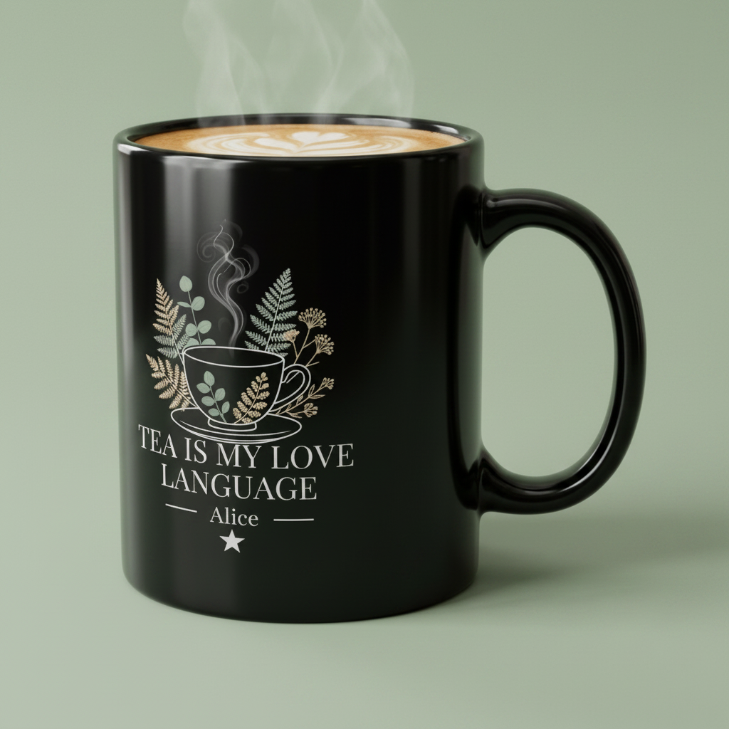 Black personalised tea mug; 'Tea Is My Love Language'—Alice