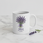 White ceramic mug with lavender bouquet graphic and name Alice, purple ribbon detail