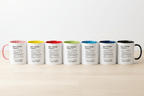 Set of colorful ceramic mugs with printed friendship quote and colored rims/handles.