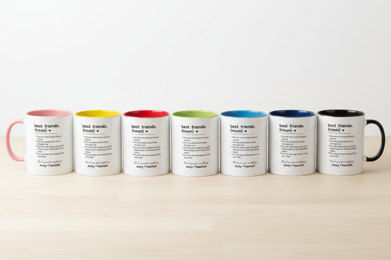 Set of colorful ceramic mugs with printed friendship quote and colored rims/handles.