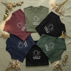 Unisex T-shirt set in maroon, green, black, navy, and forest green