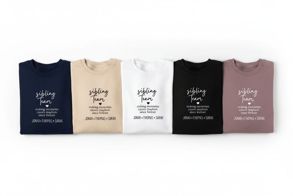 Crewneck sweatshirt in five colors with 'sibling team' quote print