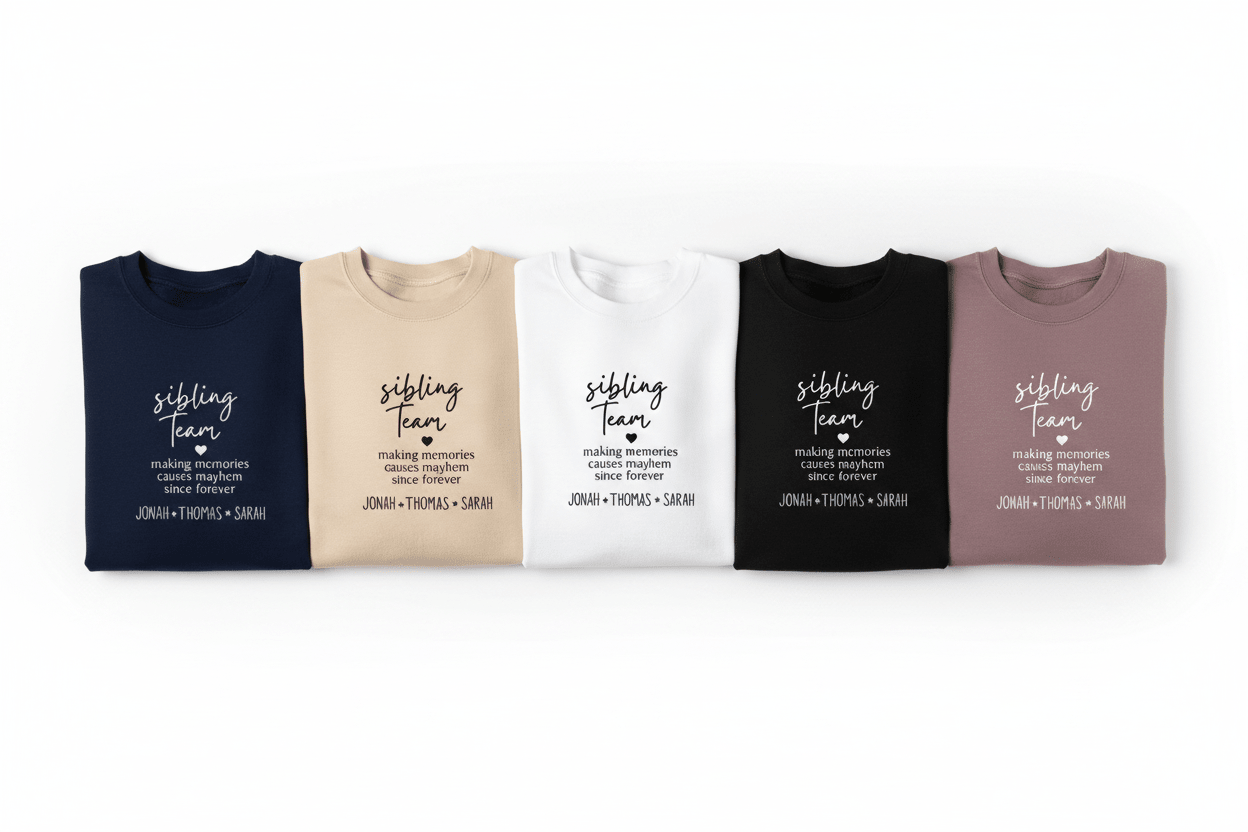 Crewneck sweatshirt in five colors with 'sibling team' quote print