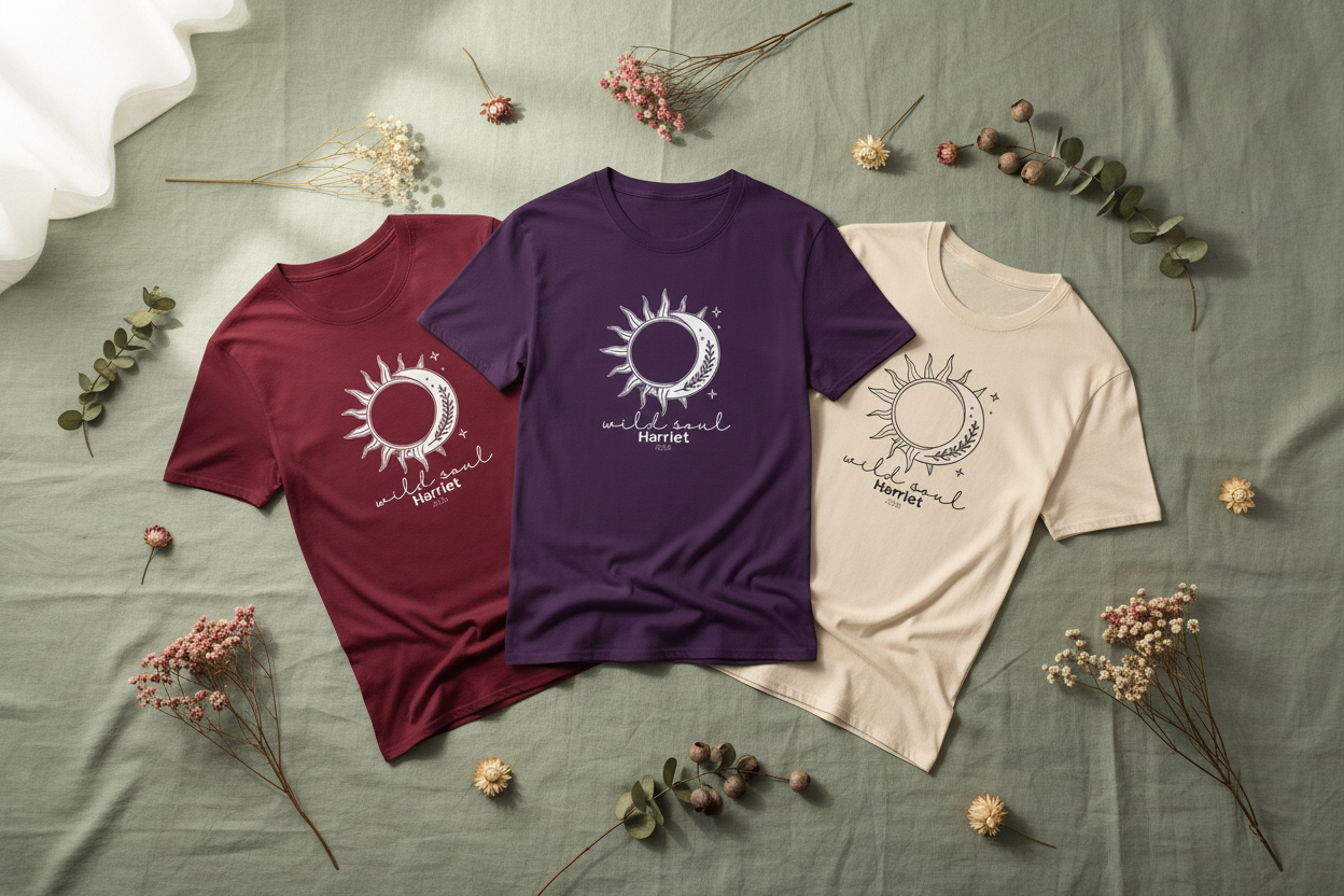 Three crew-neck t-shirts: red, purple, and natural with sun-and-moon graphics