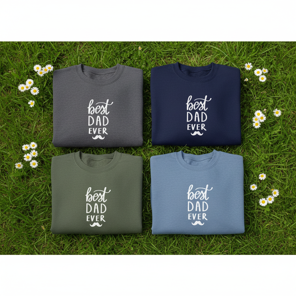 Set of four crewneck sweatshirts in dark gray, navy, green, and light blue with 'best DAD ever'