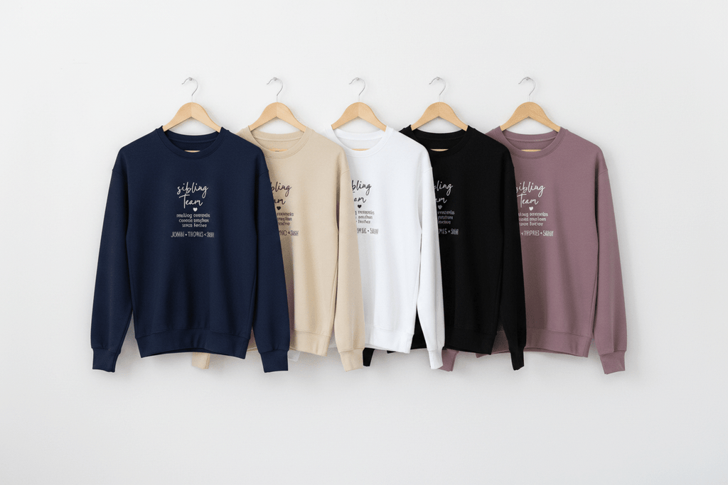 Crewneck sweatshirts on hangers in navy, sand, white, black, and mauve