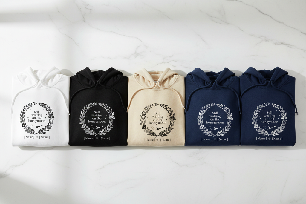 Assorted couples hoodies laid flat with honeymoon wreath graphic and 'Still waiting' text
