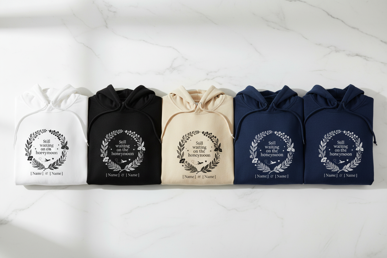 Assorted couples hoodies laid flat with honeymoon wreath graphic and 'Still waiting' text