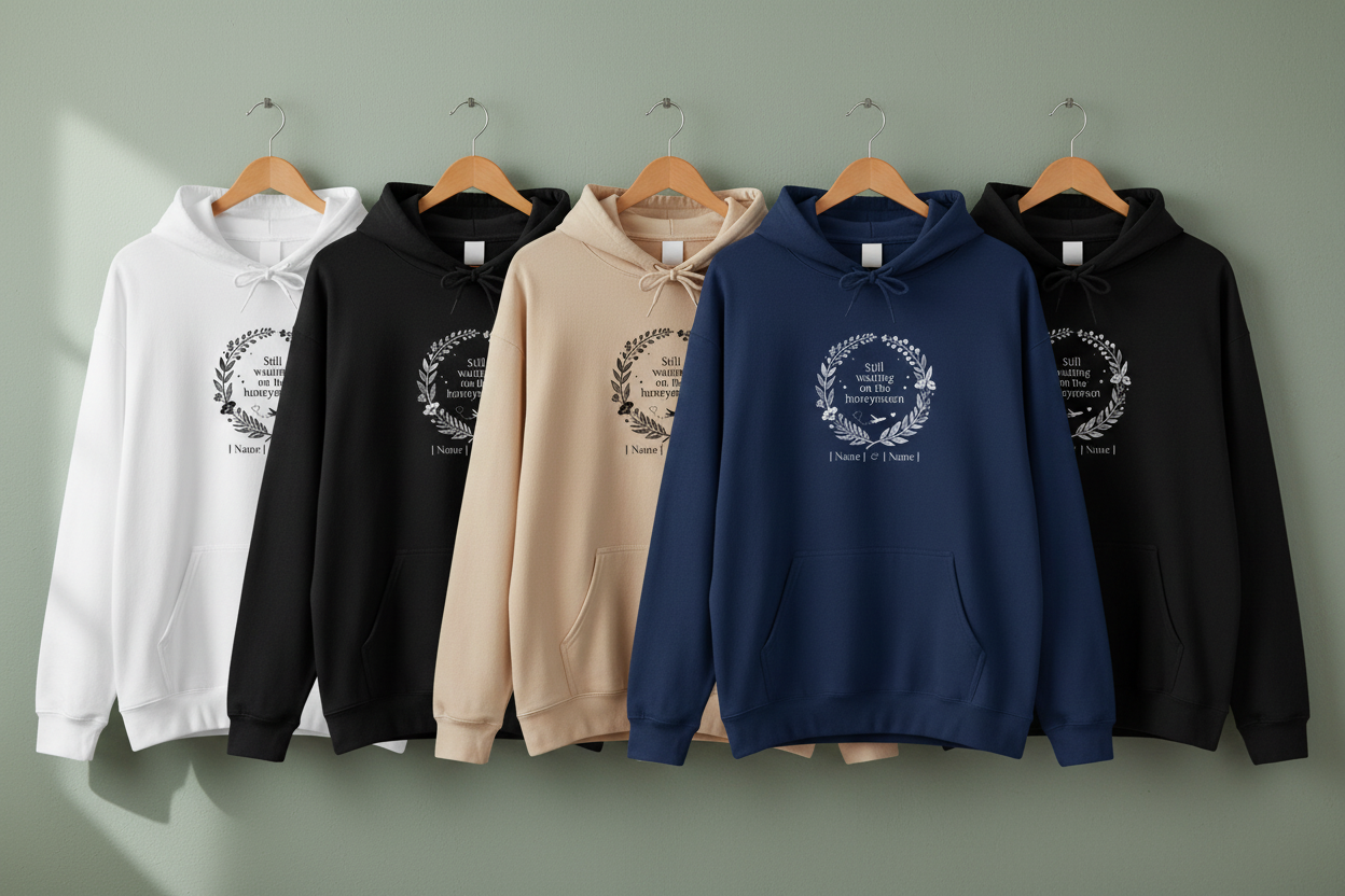 Assorted couples hoodies with honeymoon wreath graphic and 'Still waiting' text