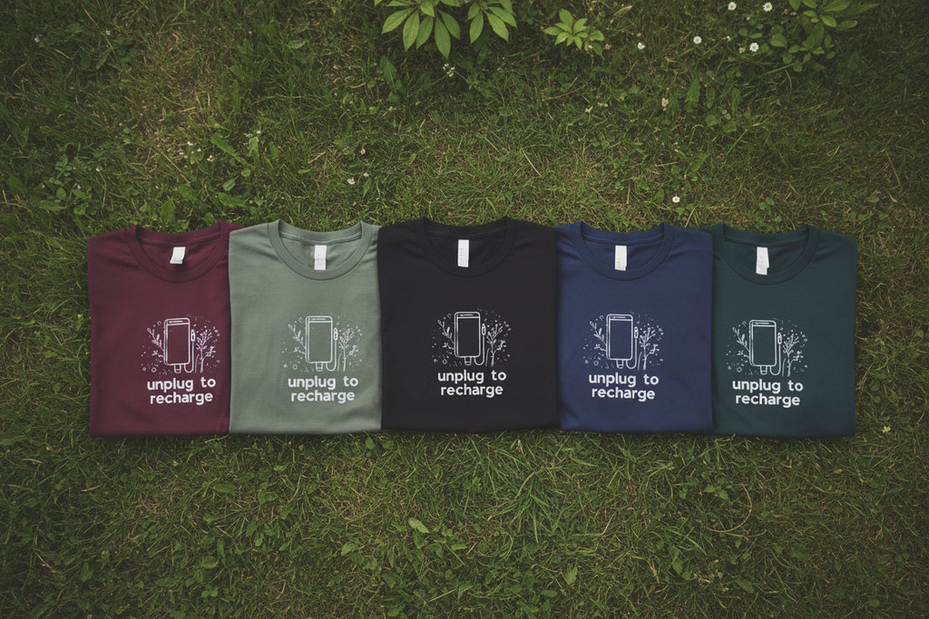 Set of five unisex T-shirts in maroon, green, black, navy, and dark green