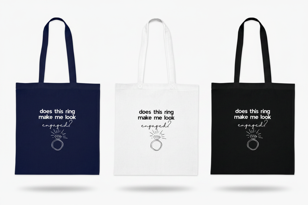 Set of three cotton tote bags: navy, white, and black; each has ring icon text.