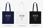 Set of three cotton tote bags: navy, white, and black; each has ring icon text.