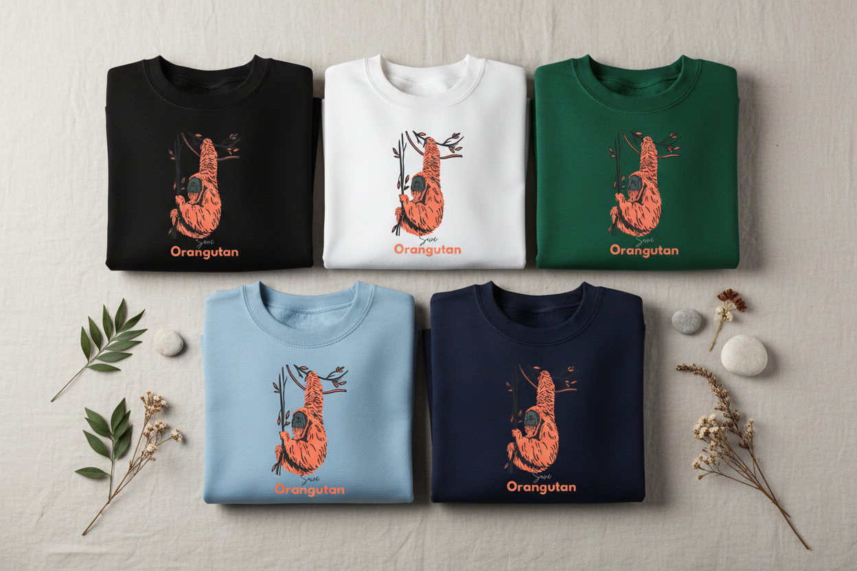 Assorted crew sweatshirts in black, white, green, light blue, and navy with orangutan print