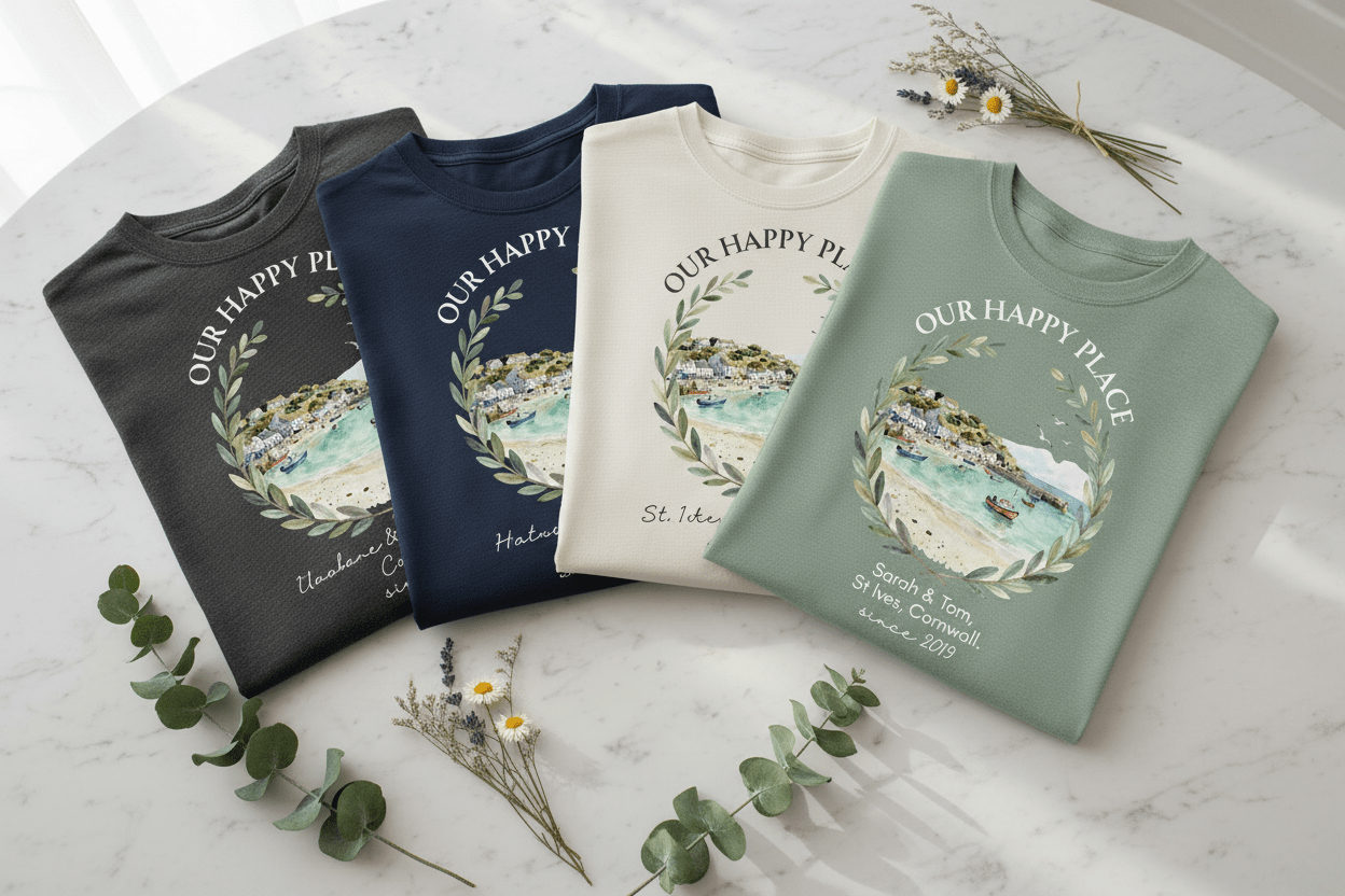 Set of four T-shirts with “Our Happy Place” scenic landscape wreath prints