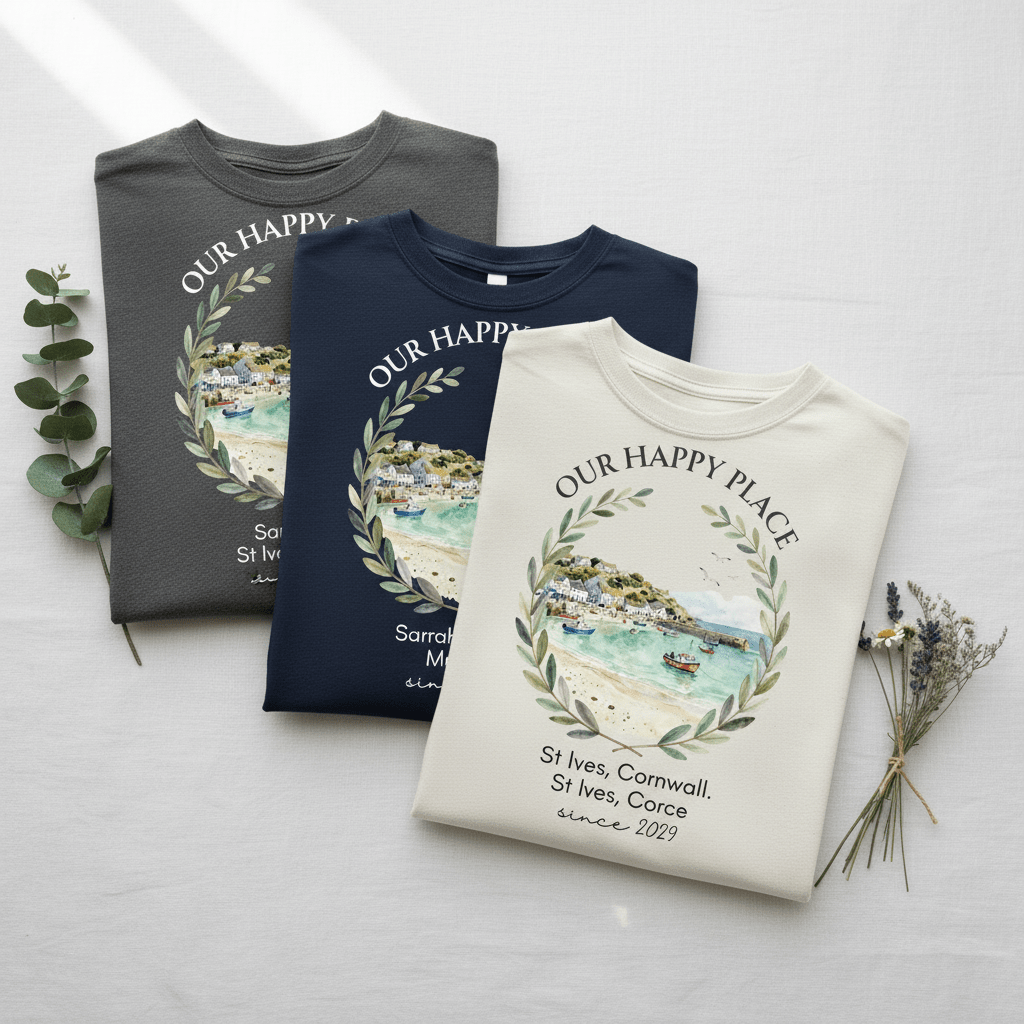 Personalised crew-neck T-shirts in dark gray, navy, and cream with scenic circular wreath print